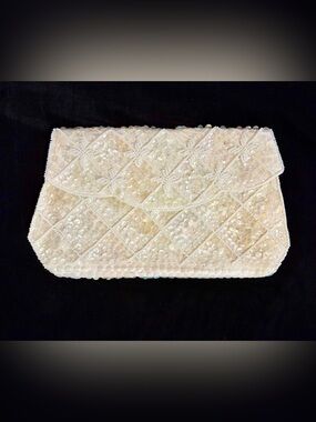 Vintage but New Le Regale Ivory Sequin & Satin Hand Beaded Evening Clutch